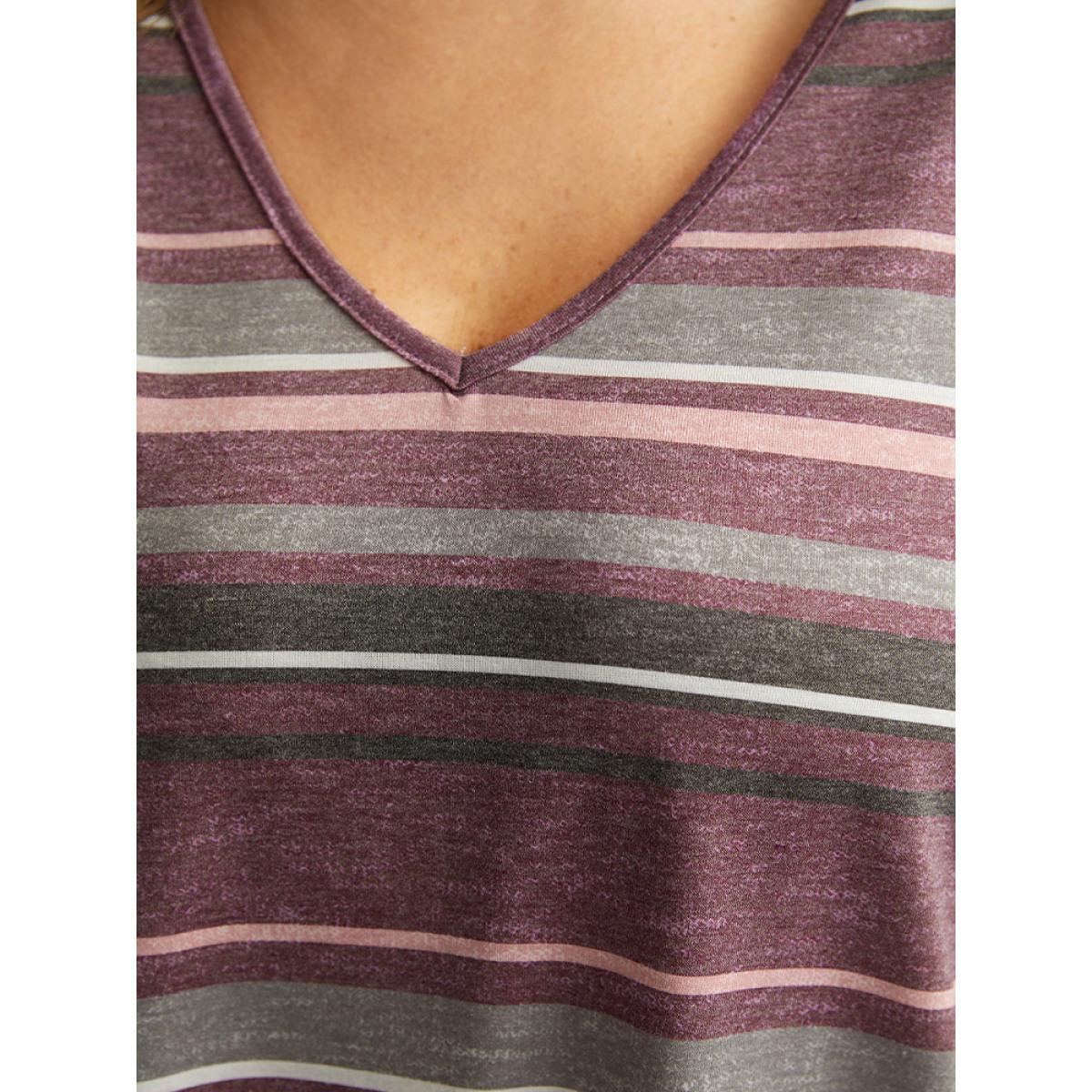 Plus Size Striped Contrast Heather Arc Hem T-shirt Multicolor Women Casual Heather Striped V-neck Everyday T-shirts BloomChic 14-16/1X Product Image
