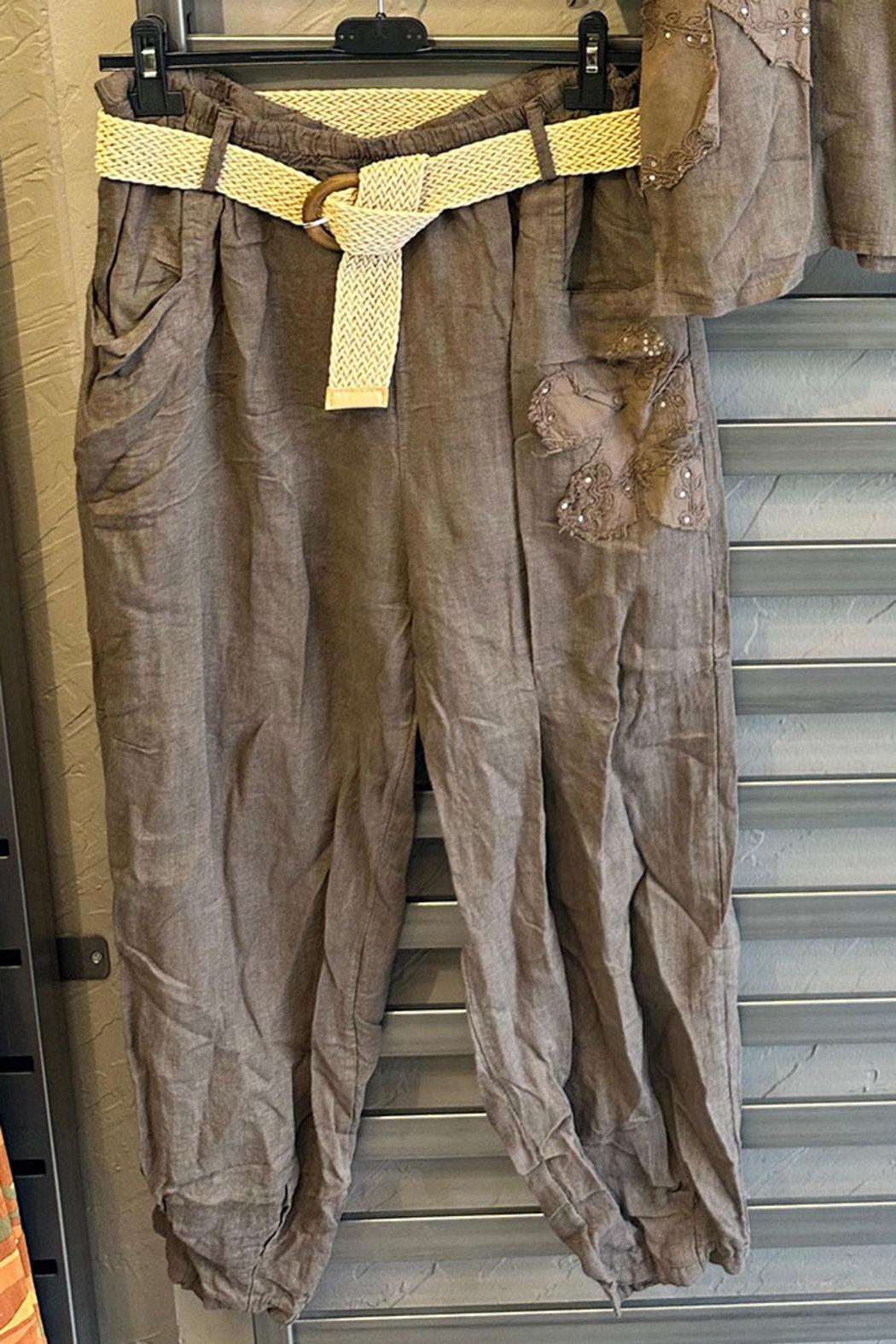 Sequin Flower Applique Linen Pants Product Image