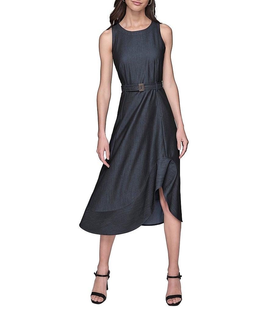KARL LAGERFELD PARIS Denim Crew Neck Sleeveless Belted A-Line Midi Dress Product Image