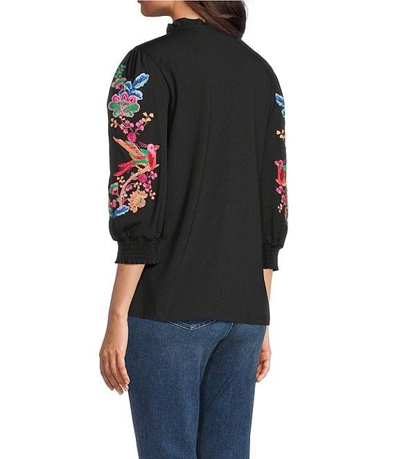 Calessa Embroidered Split V-Neck Balloon Sleeve Tunic Product Image