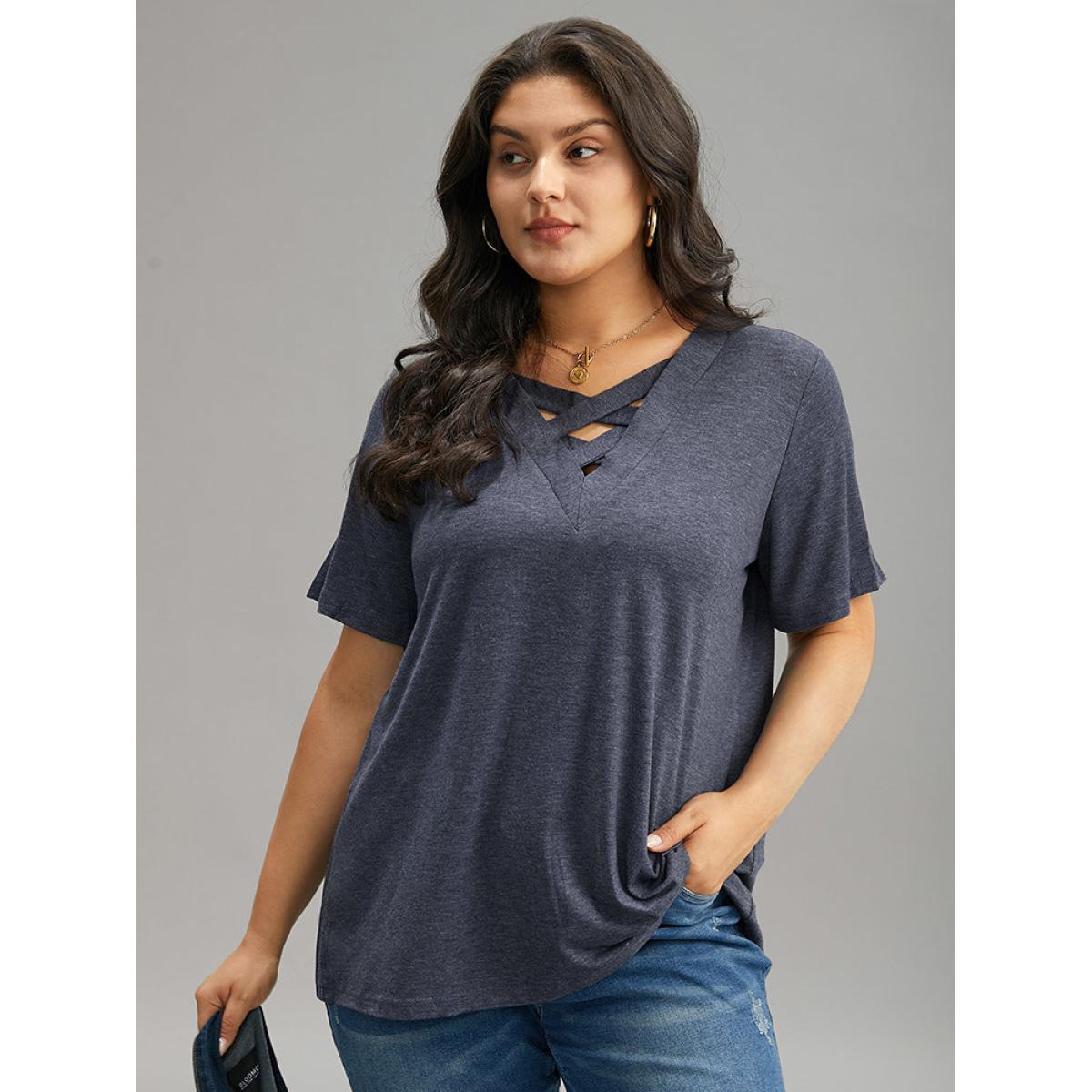 Plus Size Plain Heather Crisscross V Neck T-shirt Blue Women Casual Heather Plain V-neck Dailywear T-shirts BloomChic 18-20/2X Product Image