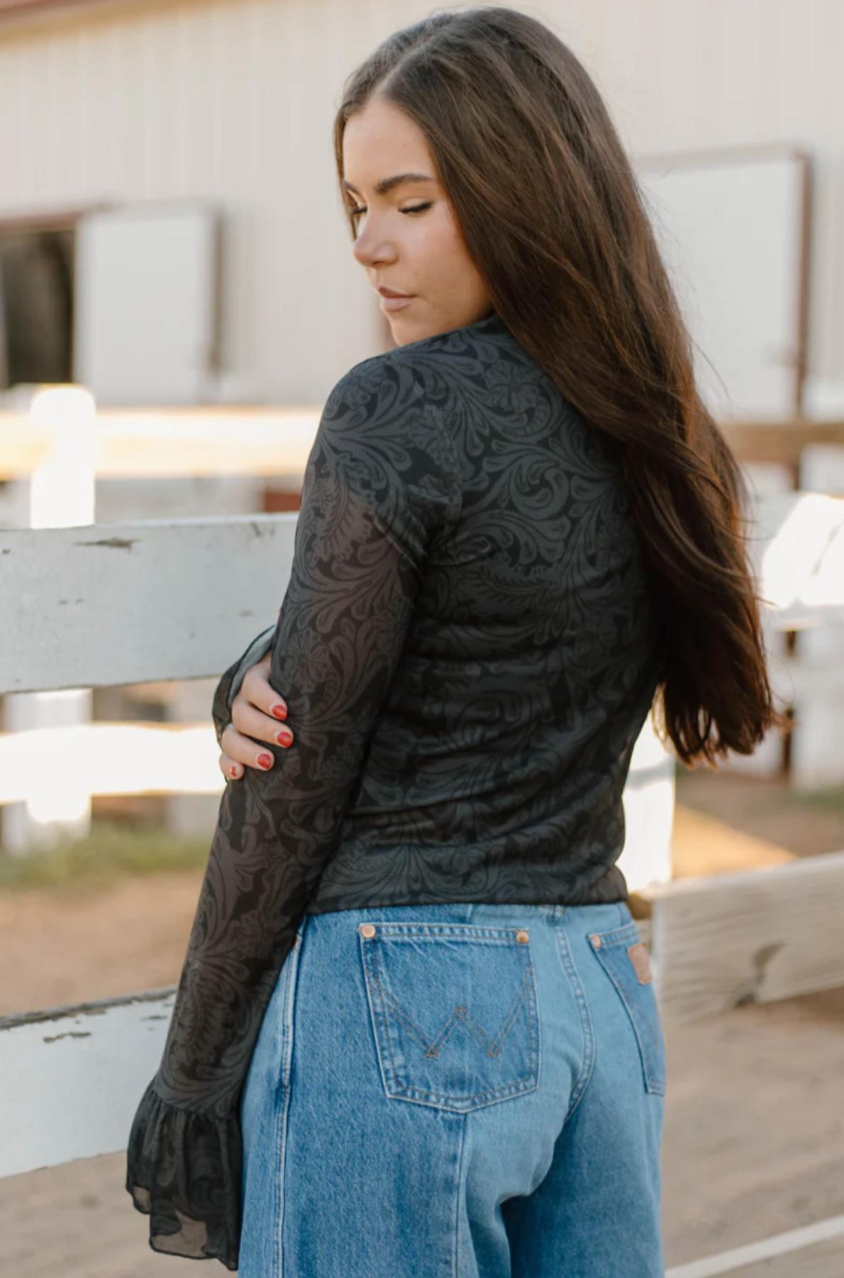 Sterling Kreek Tooled In Black Mesh Top Product Image