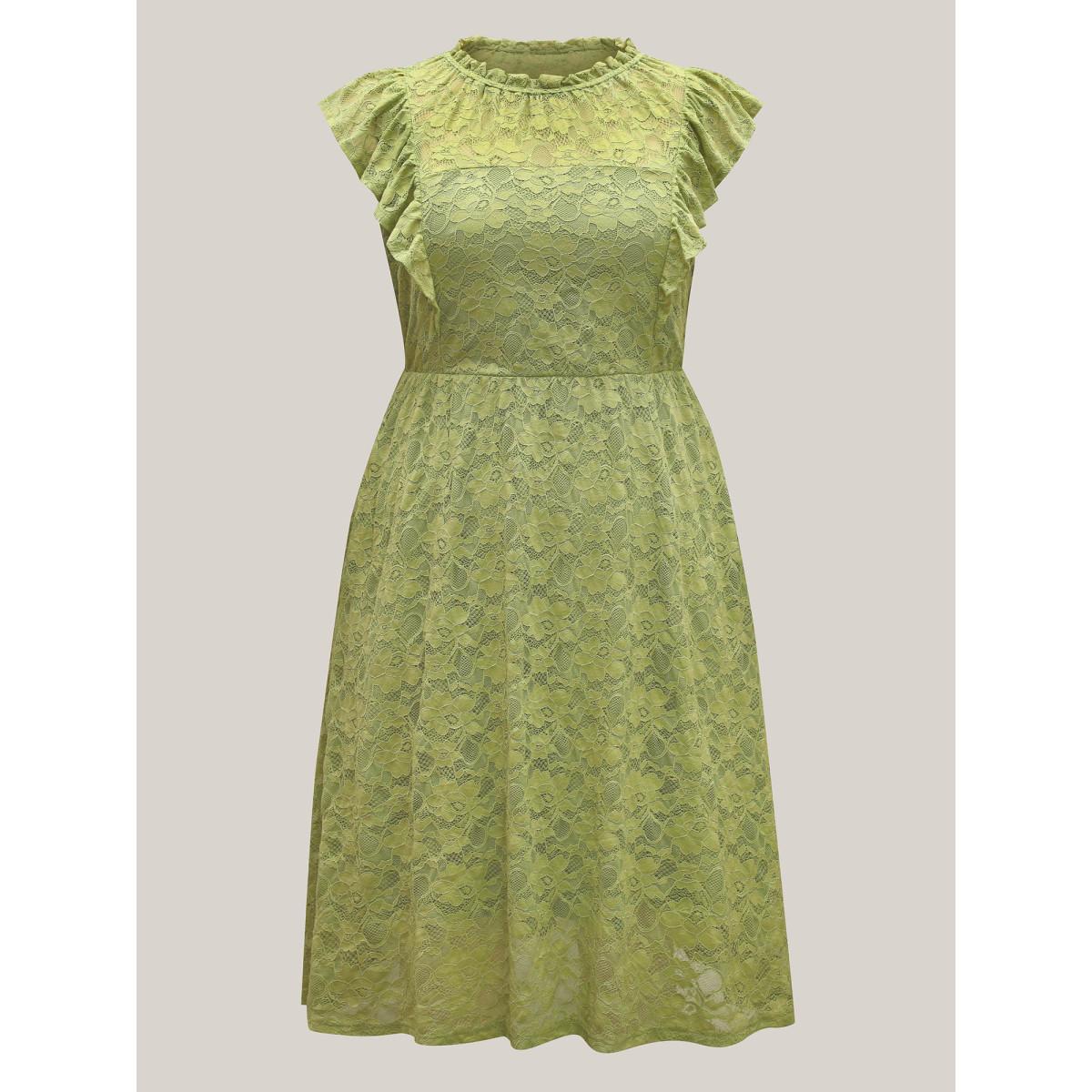 Plus Size Lace Stretchy Waist Ruffled Midi Dress Moss Women Mock Neck Cap Sleeve Curvy BloomChic 14-16/1X Product Image
