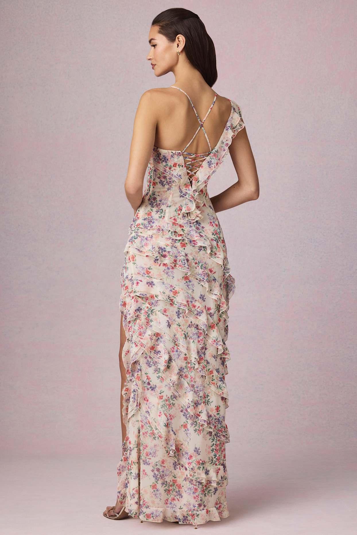 Asymmetric Ruffled Lace-Up Gown in Primrose Floral Print Product Image
