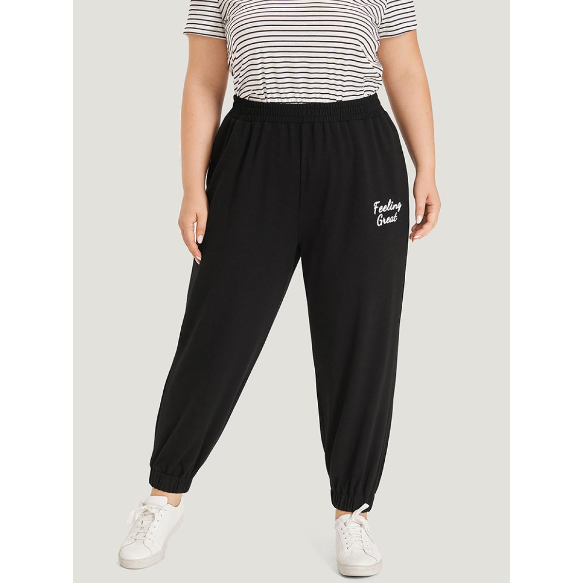 Supersoft Essentials Letter Print Elastic Waist Pocket Sweatpants Black Plus Size Women Casual Dailywear Printed 26/4X Bloomchic Product Image