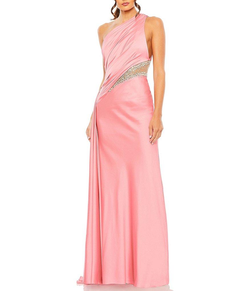 Mac Duggal Embellished Mesh Inset Satin Ruched One Shoulder Sleeveless Draped Gown Product Image