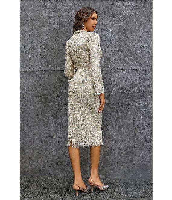 Terani Couture Notch Collar Fringe Trim Mock Two Piece Tweed Sheath Midi Dress Product Image