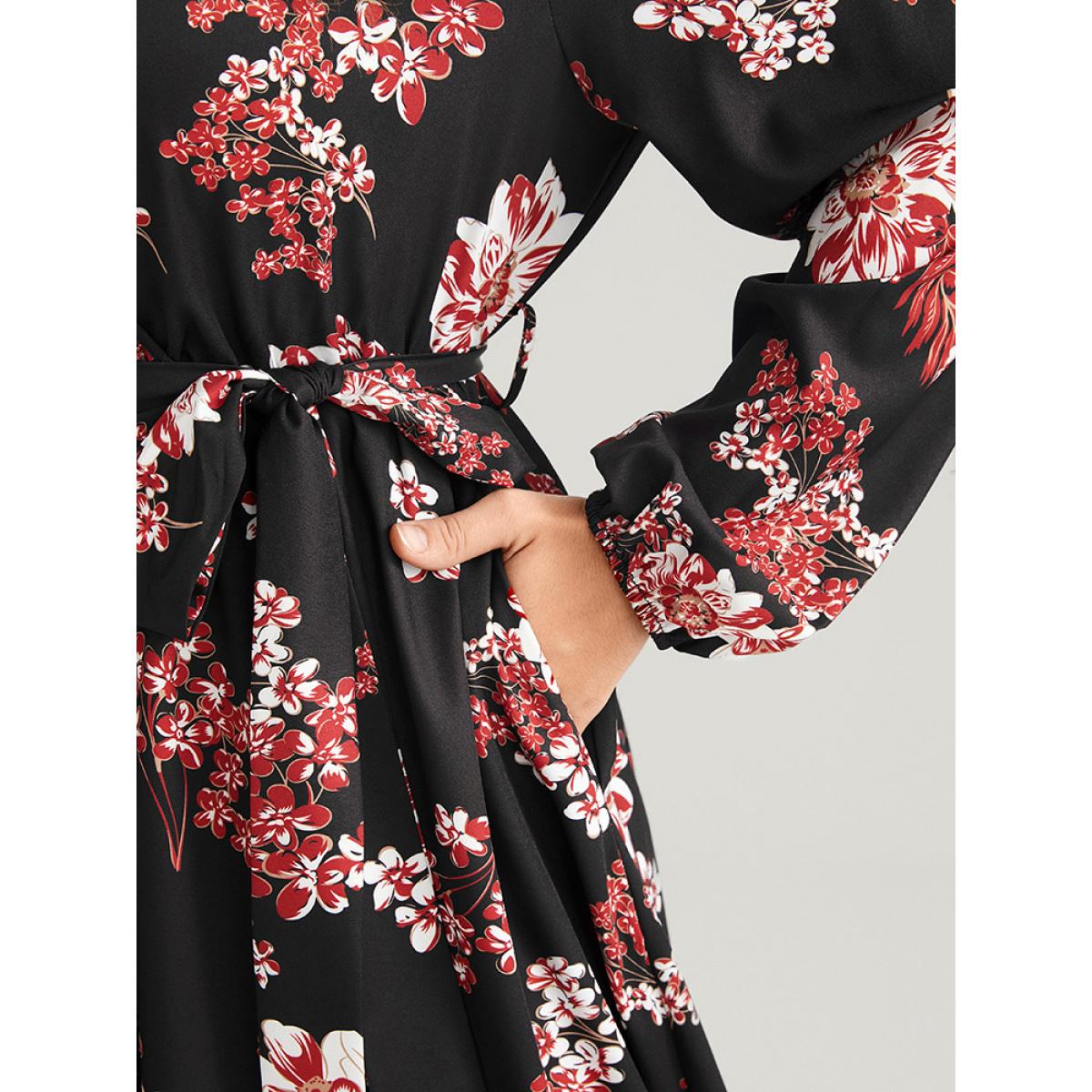 Plus Size Floral Belted Wrap Pocket Lantern Sleeve Split Flutter Dress Black Women Elegant Pocket V-neck Long Sleeve Curvy Midi Dress BloomChic 28/5X Product Image