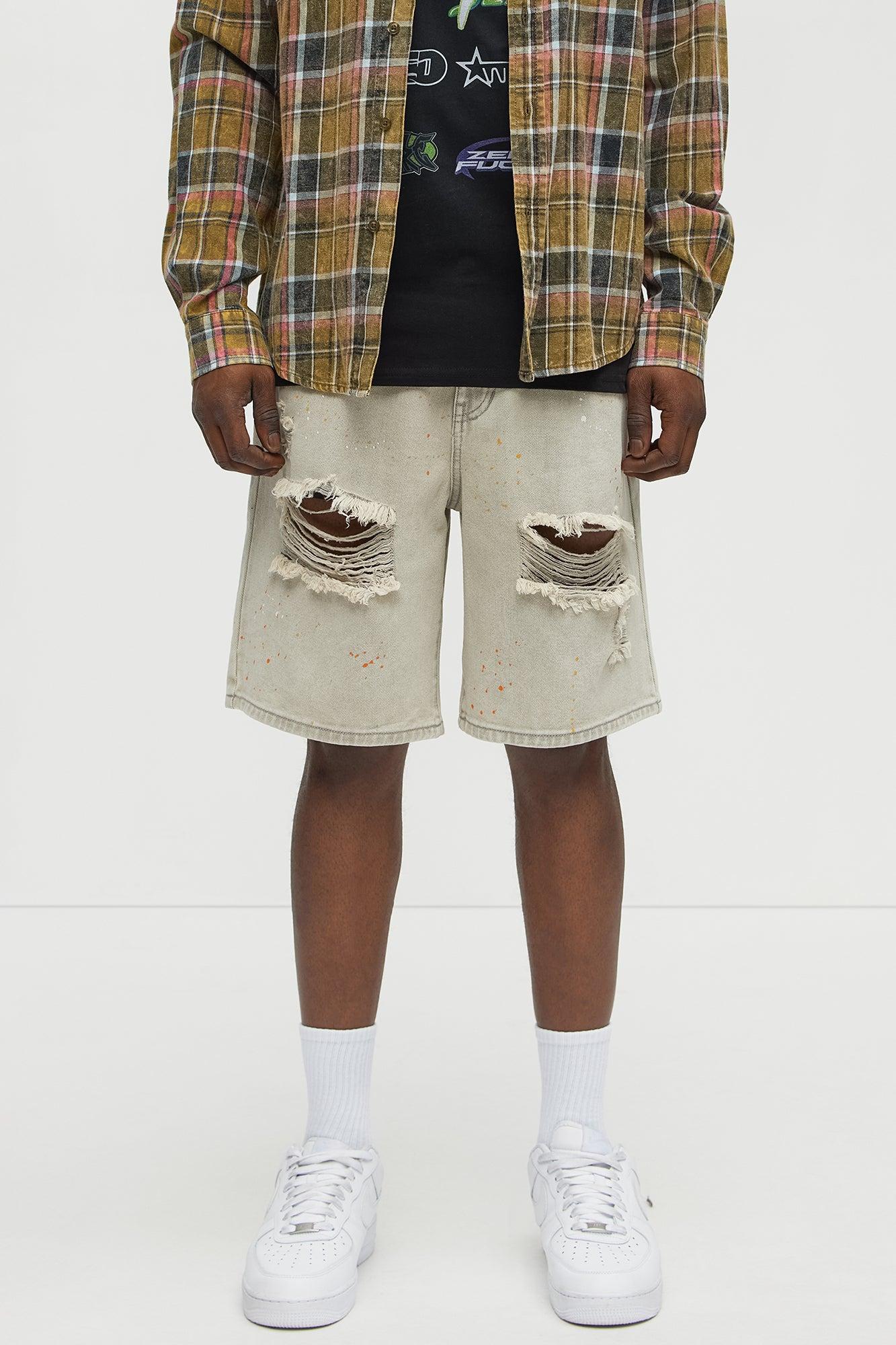 These Streets Paint Splattered Relaxed Denim Shorts - Grey Male Product Image