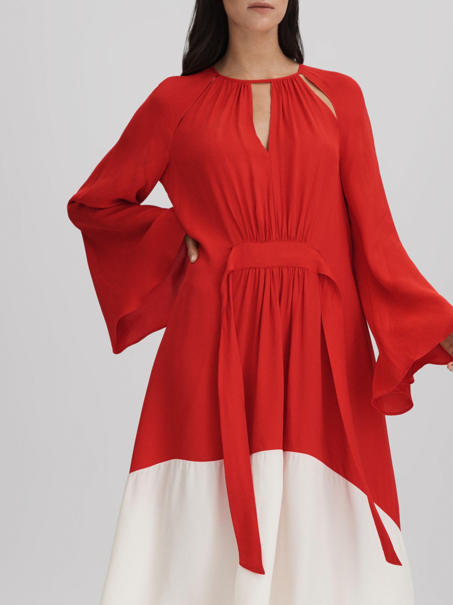 Colourblock Fit-and-Flare Midi Dress in Red/Cream Product Image