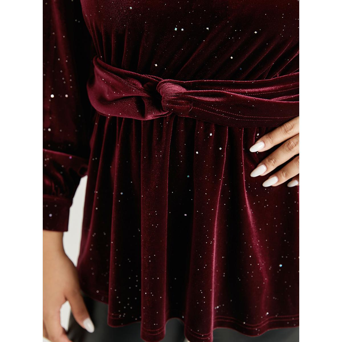 Plus Size Scarlet Glitter Sequin Velvet Twist Front V Neck Blouse Women Cocktail Long Sleeve V-neck Party Blouses BloomChic 14-16/1X Product Image