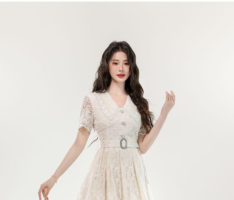 Short Sleeve V-Neck Plain Embroidered Belted Button Midi A-Line Dress Product Image