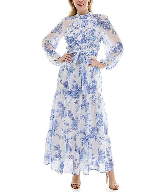 Moda Tara Long Sleeve Mock Neck Floral Printed Chiffon Maxi Dress Product Image