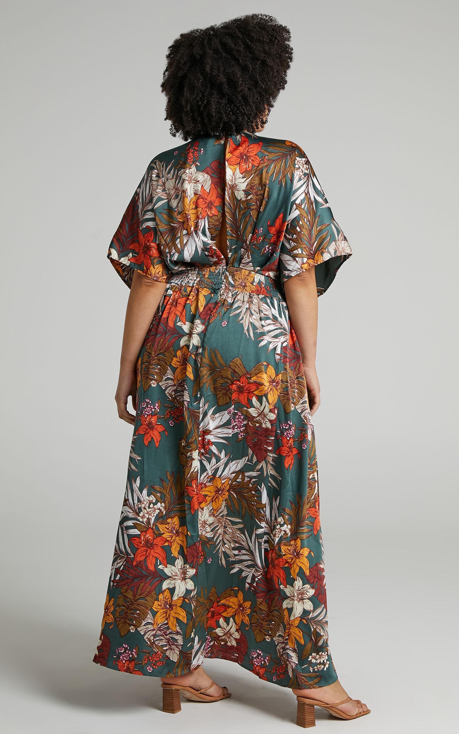 Vacay Ready Maxi Dress - Plunge Thigh Split Dress in Teal Floral Satin Product Image