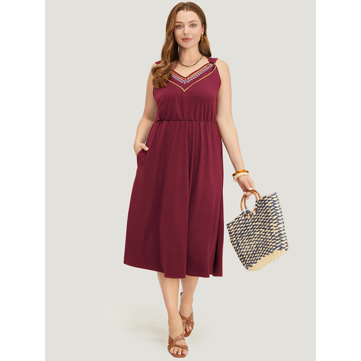 Plus Size Geometric Embroidered Buckle Detail Pocket Ruffle Hem Cami Dress Scarlet Women Vacation Embroidered V-neck Sleeveless Curvy Midi Dress BloomChic 18-20/2X Product Image