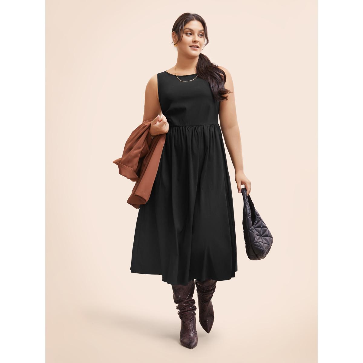 Plus Size Stretch Woven Blend Multiple Splicing Midi Dress Black Women Workwear Essentials Gathered Round Neck Sleeveless Curvy BloomChic 14-16/1X Product Image