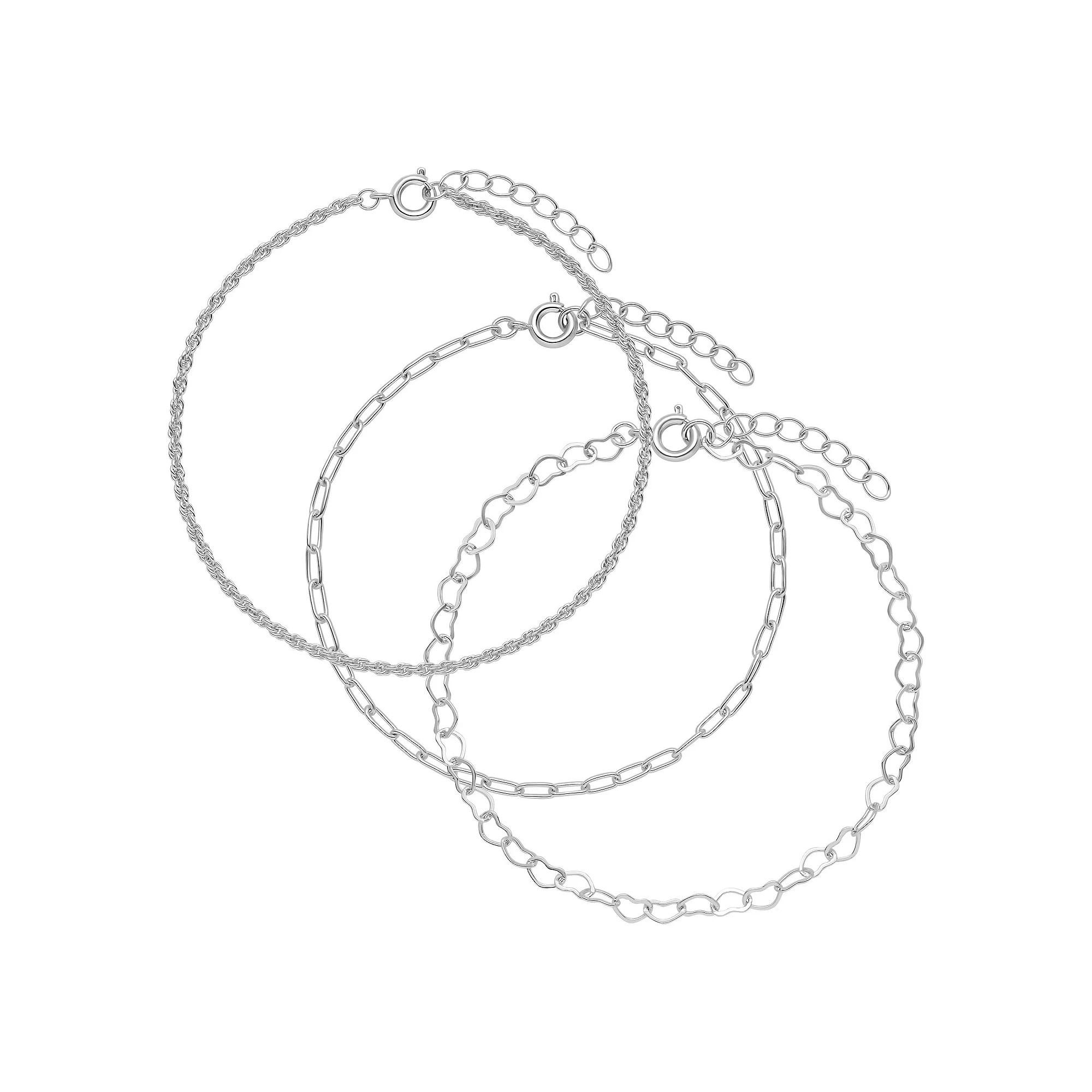 PRIMROSE Fine Silver Plated Herringbone Bracelet, Heart Link Bracelet, And Paperclip Link Bracelet 3-Piece Set, Women's, Size: 7.5", Silver Tone Product Image