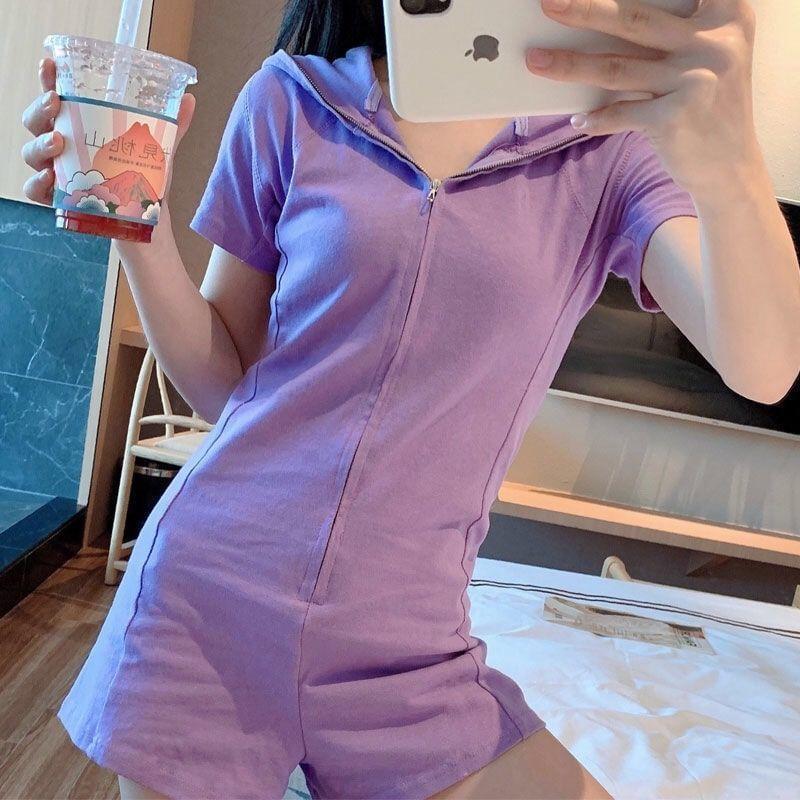 Short-Sleeve Plain Hood Zip Romper Product Image