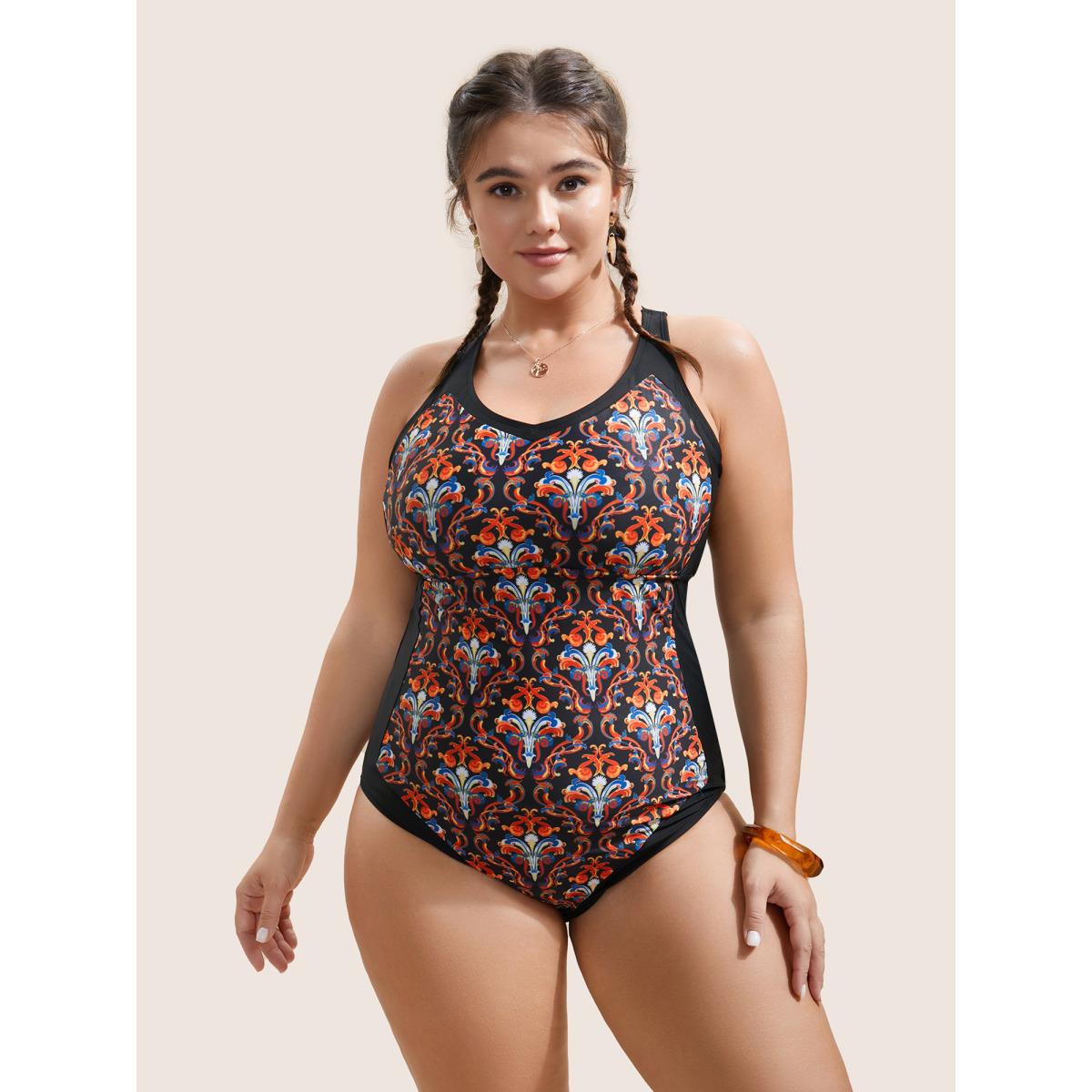 Plus Size Patchwork Boho Print Adjustable Straps One Piece Swimsuit Women's Swimwear Black Beach Non Curve Bathing Suits High stretch One Pieces BloomChic 18-20/2X Product Image