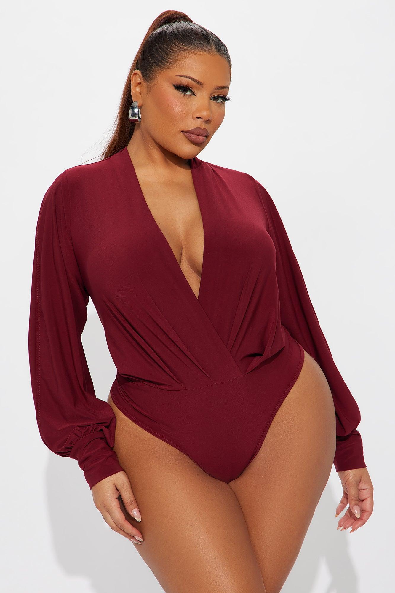 Odette Long Sleeve Surplice Bodysuit - Burgundy Female Product Image