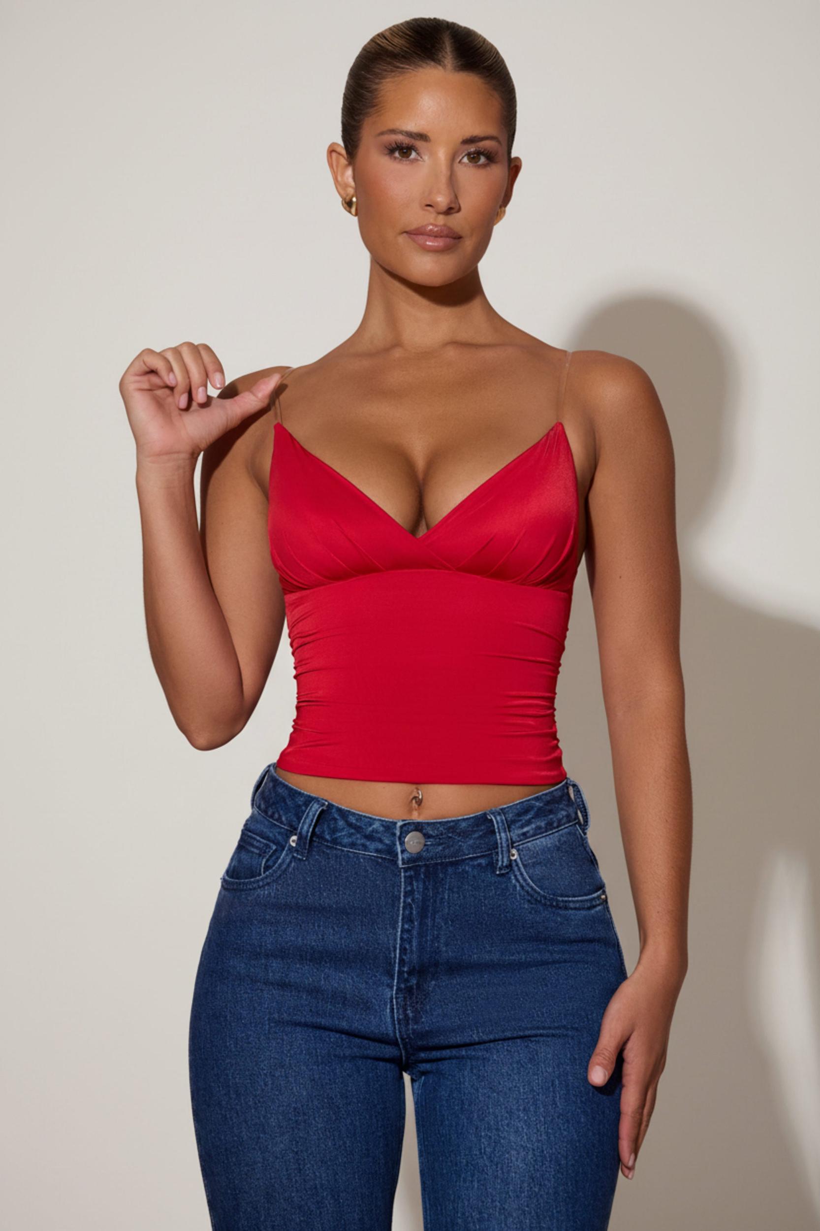 Ruched Plunge-Neck Camisole Top in Red Product Image
