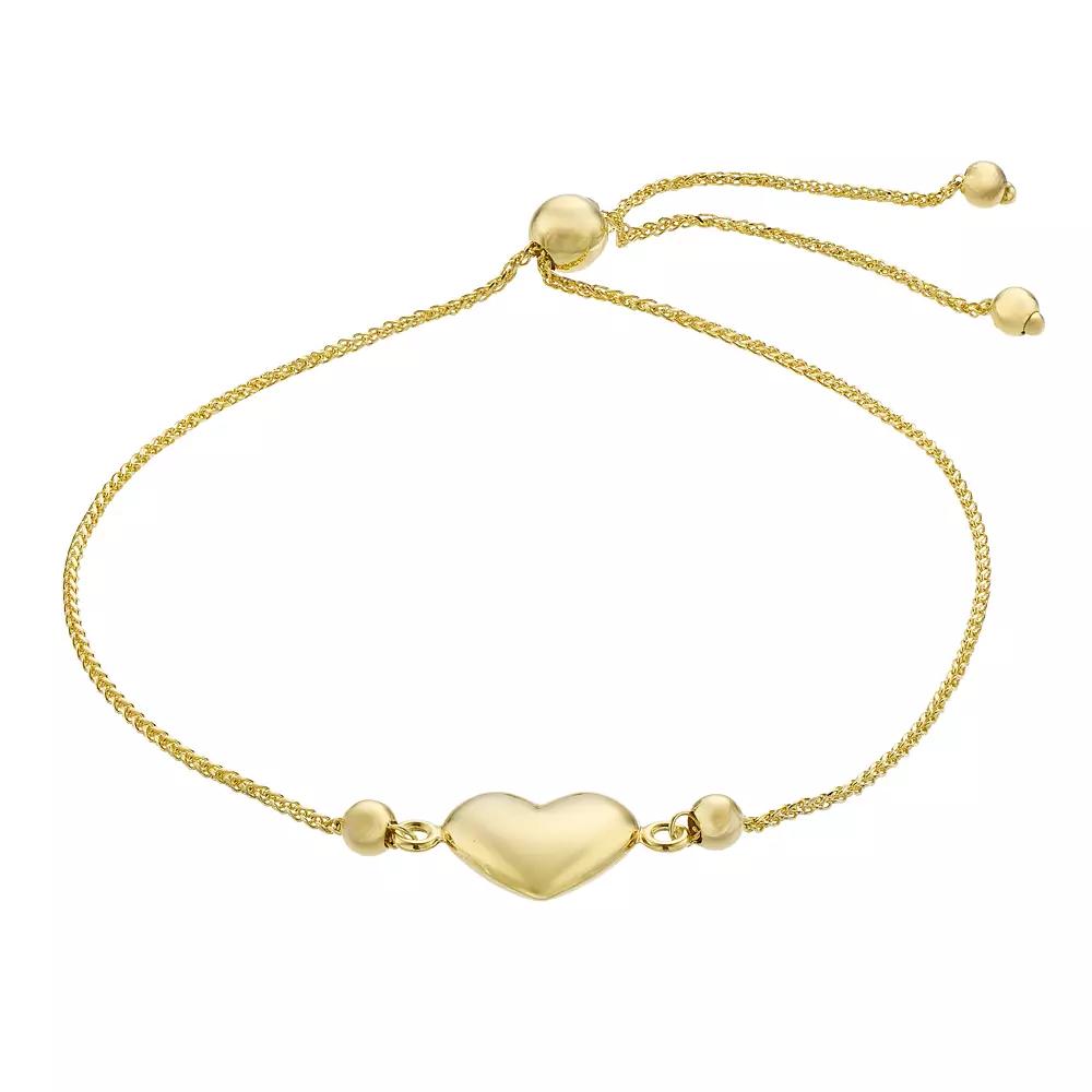 14k Gold Puff Heart Bolo Bracelet, Women's, Size: 9" Product Image
