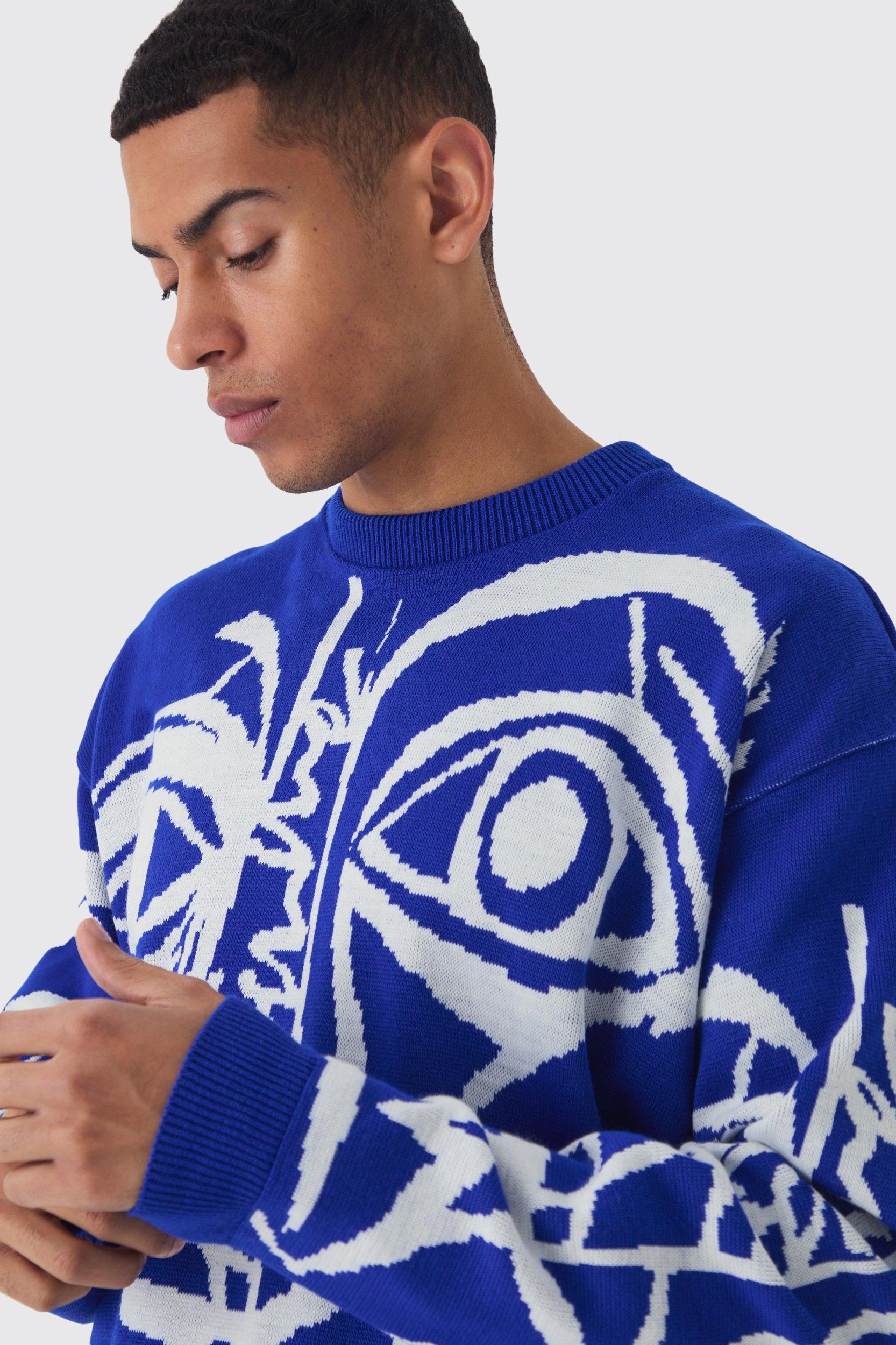 Oversized Boxy Abstract Line Face Knitted Sweater | boohooMAN USA Product Image