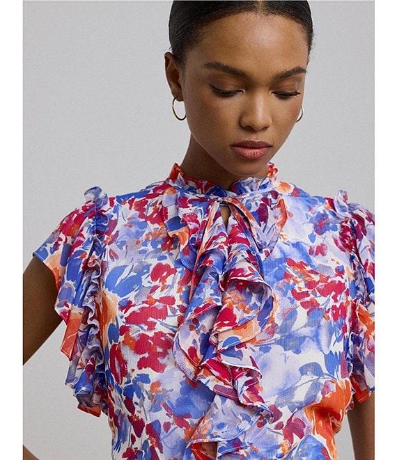 Lauren Ralph Lauren Petite Size Georgette Floral Ruffle Trim V-Neck Flutter Sleeve Blouse Product Image