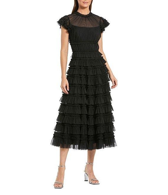 Mac Duggal Illusion Mock Neck Cap Sleeve Mesh Micro Ruffle A-Line Midi Dress Product Image