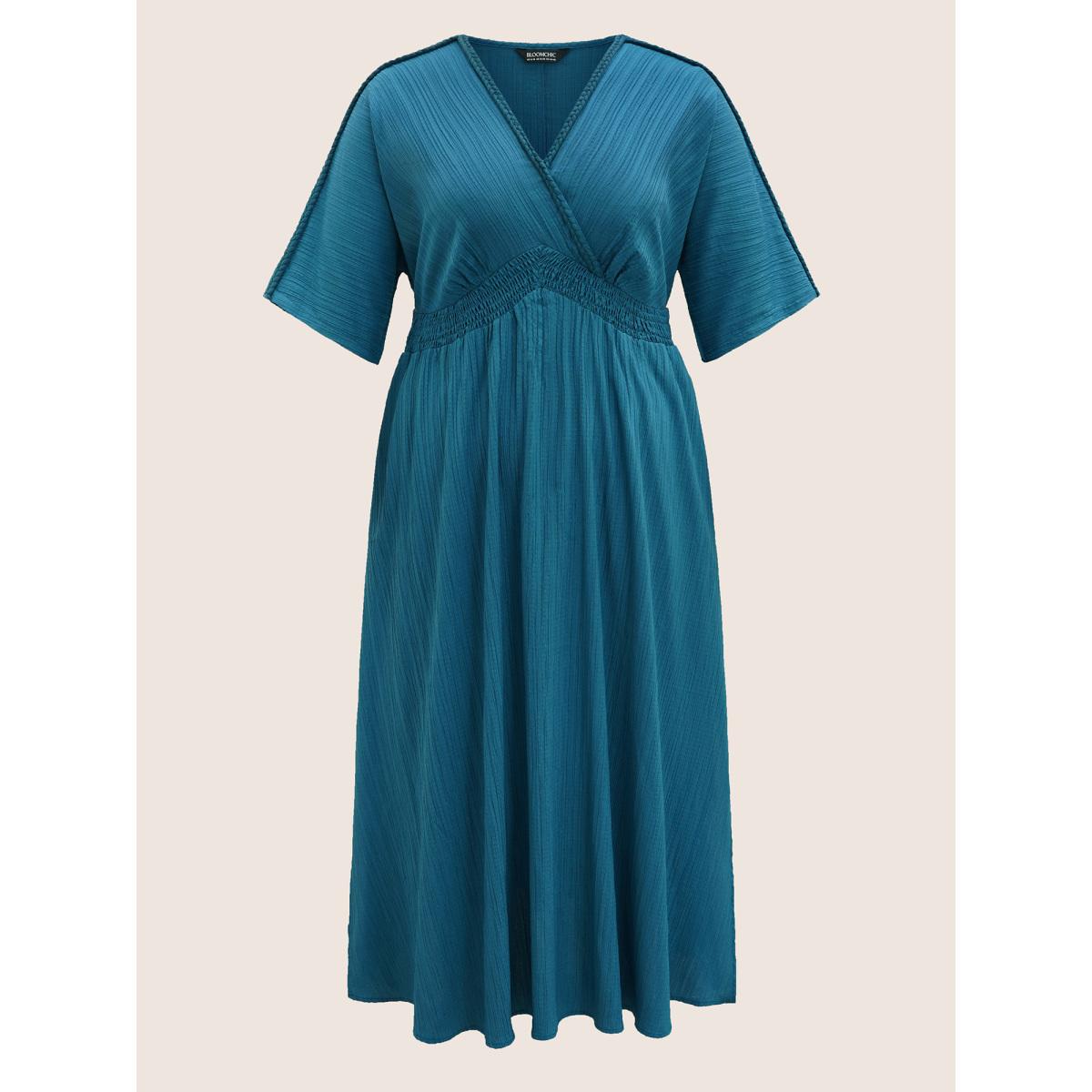 Plus Size V Neck Shirred Contrast Webbing Split Side Dress Aegean Women Boho Texture V-neck Half Sleeve Curvy BloomChic 14-16/1X Product Image