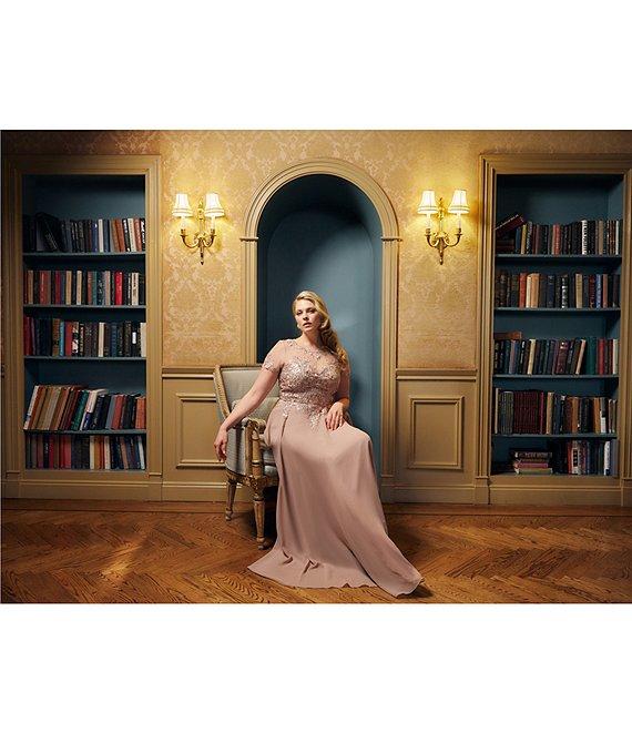 Xscape Plus Size Illusion Boat Neck Embroidered Sequin Bodice Chiffon Gown Product Image