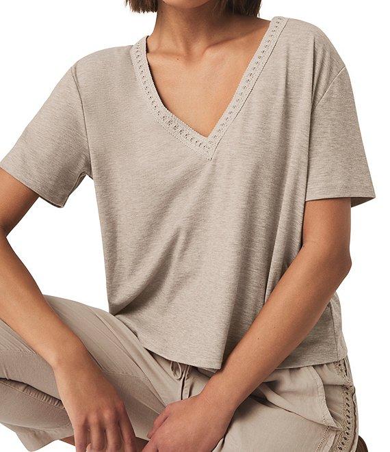 Kacey Crochet Knit V-Neck Short Sleeve Tee Shirt Product Image