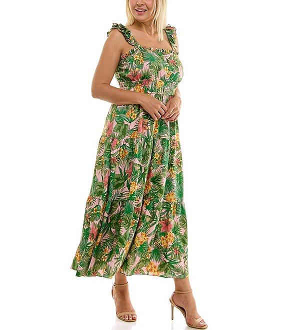 Moda Tara Plus Size Square Neck Sleeveless Tropical Print Tiered A-Line Sundress Product Image