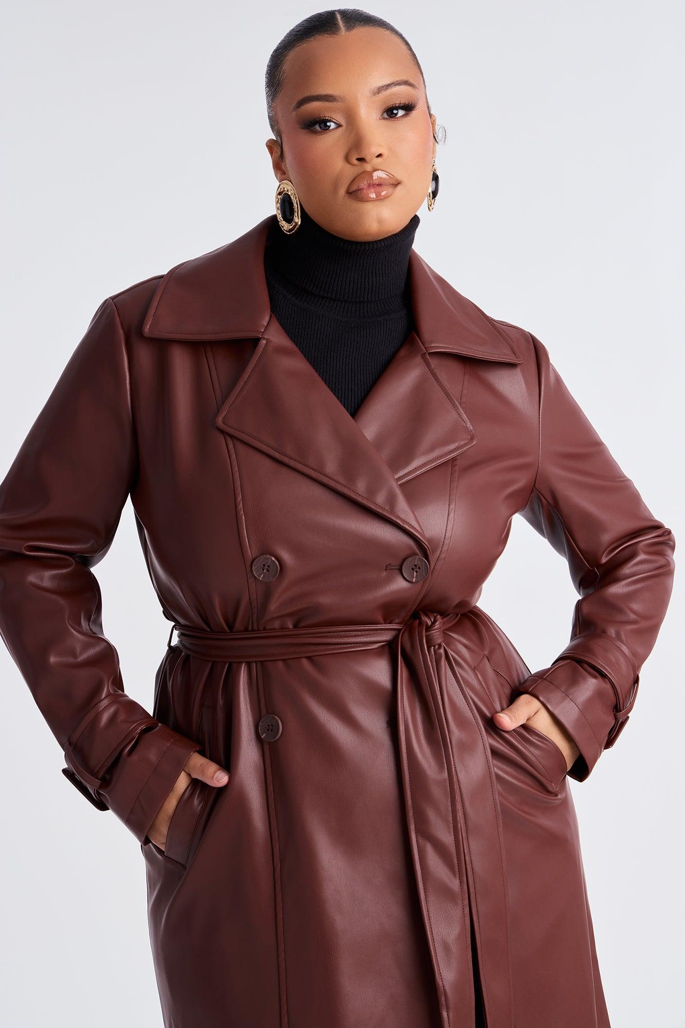 Power Moves Faux Leather Trench - Chocolate Female Product Image