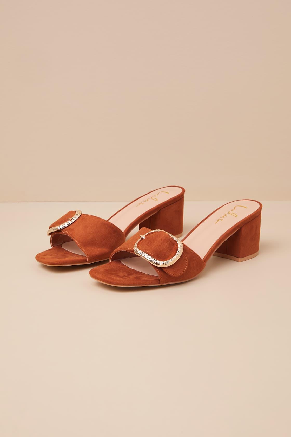 Franette Brown Suede Low Heel Buckle Slide Sandals Product Image