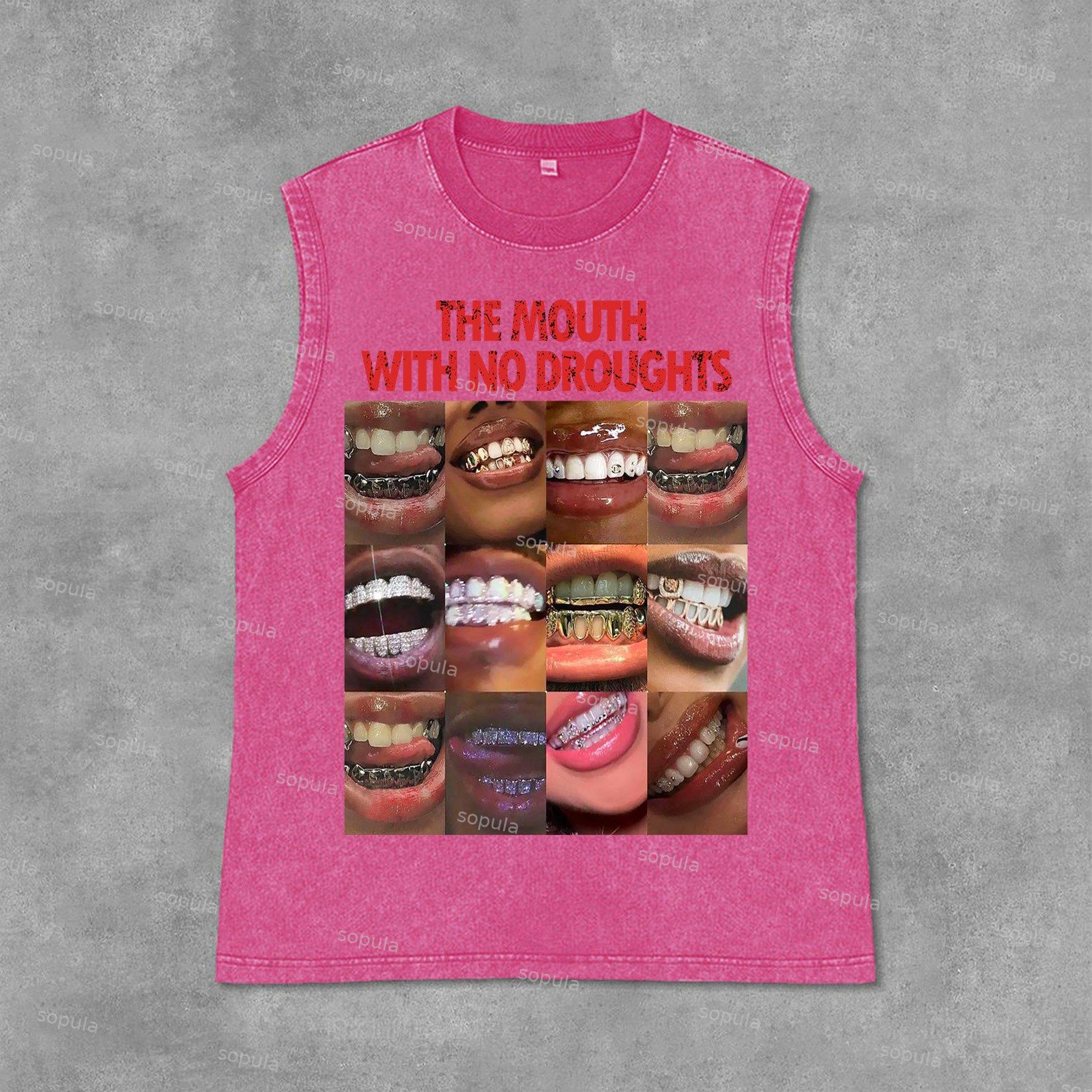 Vintage Lips Graphic The Mouth With No Droughts Print Acid Washed Sleeveless Tank Top Product Image