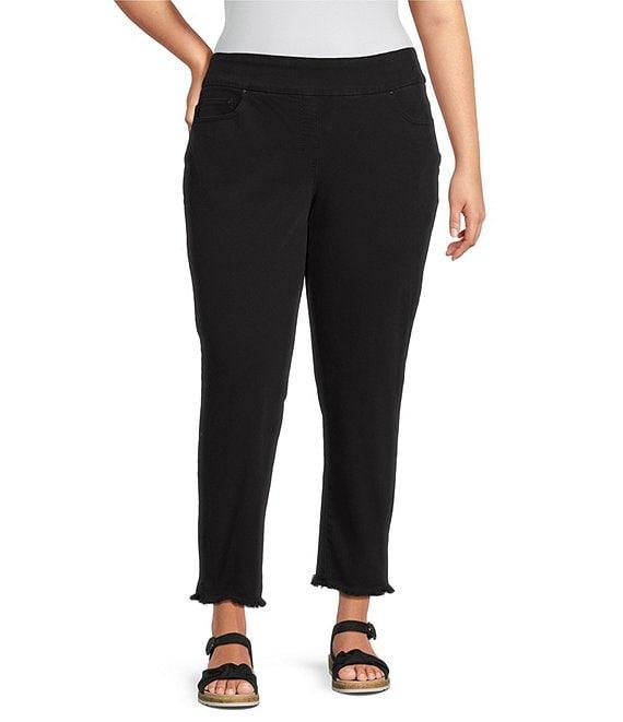 Multiples Plus Size Solid Garment Dyed Straight Leg Fringe Hem Pull-On Ankle Pants Product Image