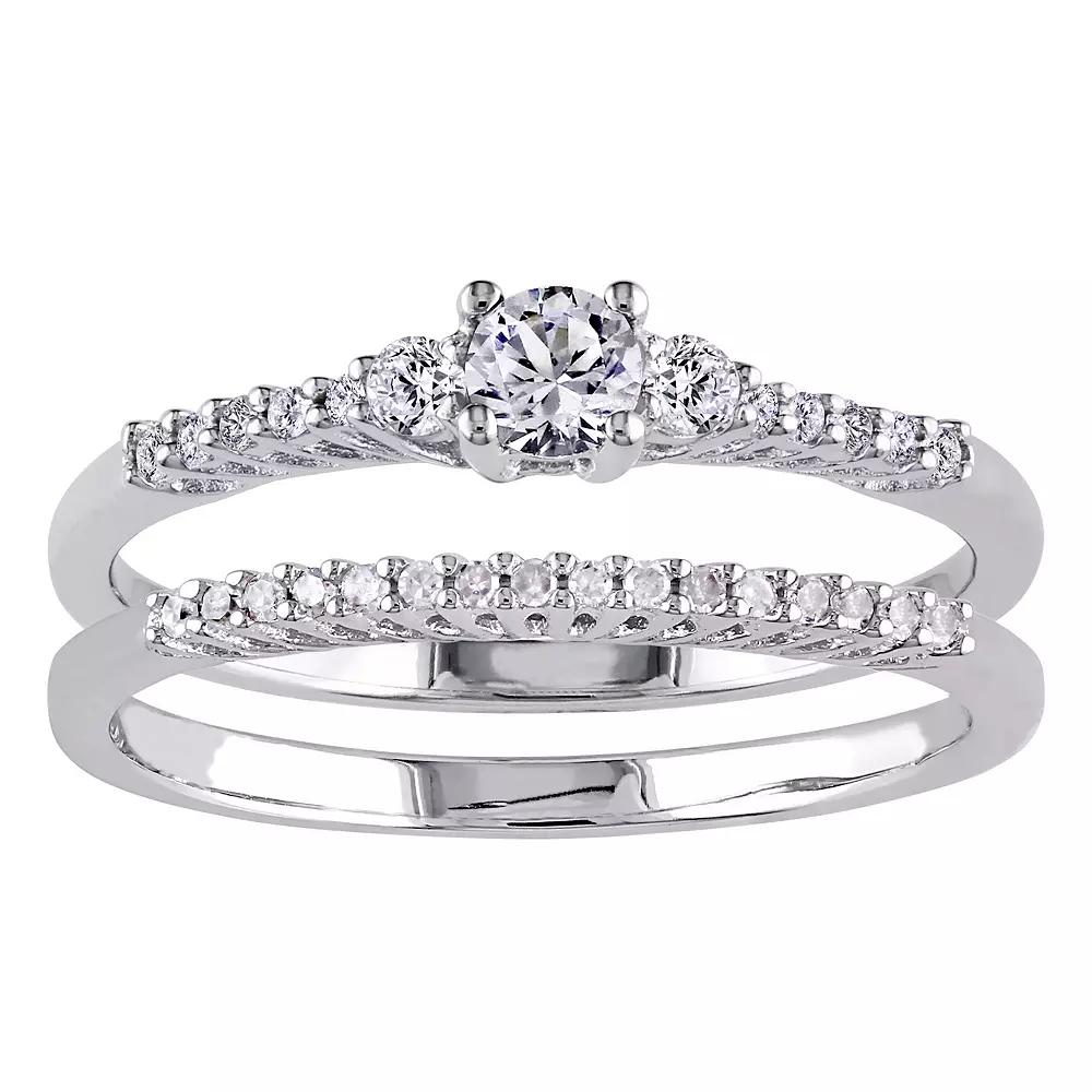 Stella Grace Sterling Silver Lab-Created White Sapphire & 1/10 Carat T.W. Diamond Engagement Ring Set, Womens Product Image