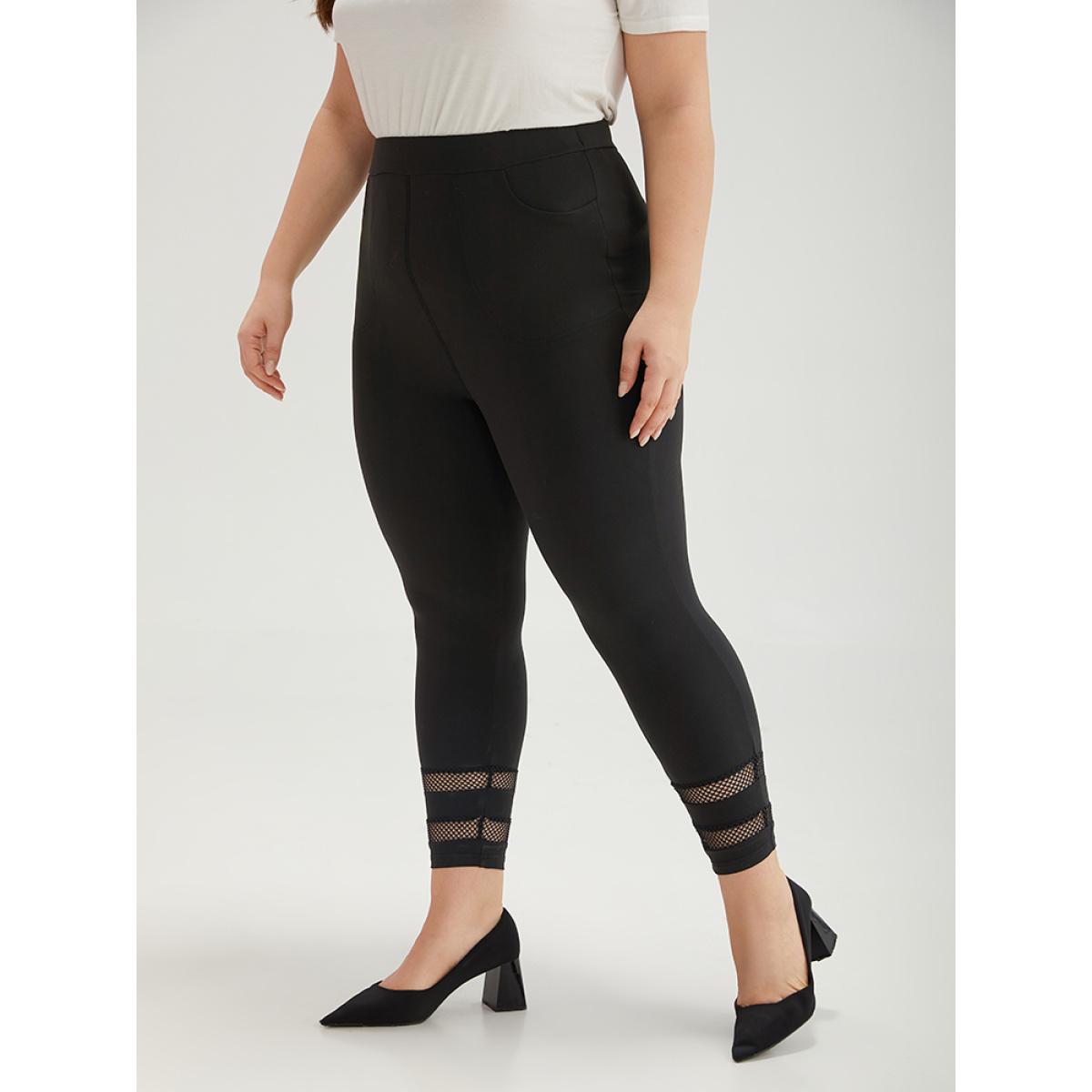 Plus Size Plain Lace Patchwork Cut Out Legging Women Black Casual High stretch Skinny High Rise Dailywear Leggings BloomChic 30/6X Product Image