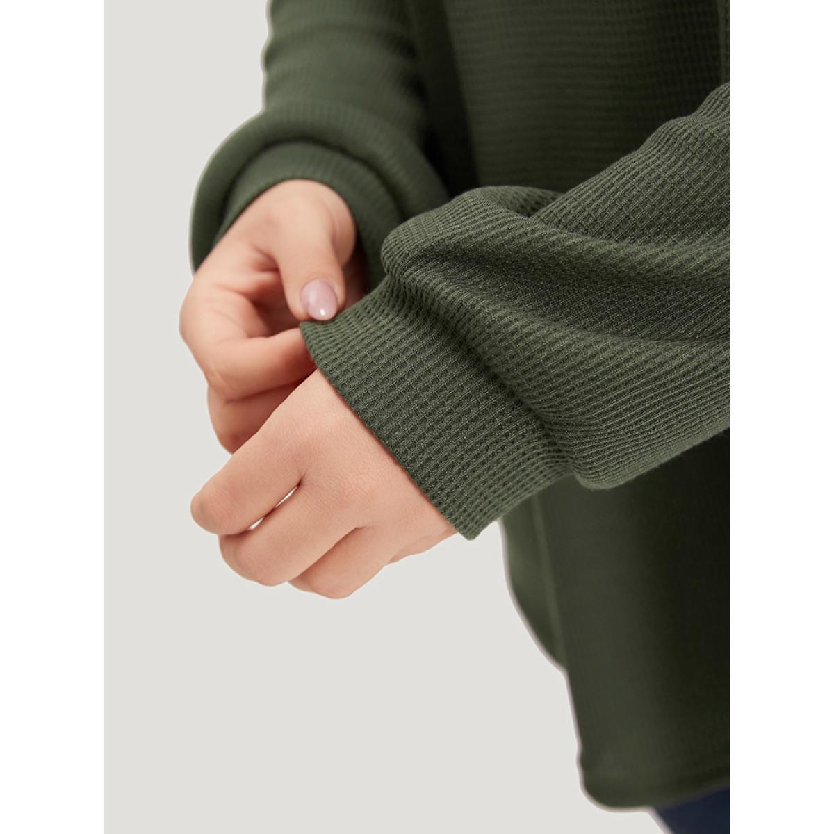 Plus Size Plain Waffle Knit Button Detail Crew Neck Raglan Sleeve T-shirt ArmyGreen Women Casual Elastic cuffs Plain Round Neck Dailywear T-shirts BloomChic 26/4X Product Image