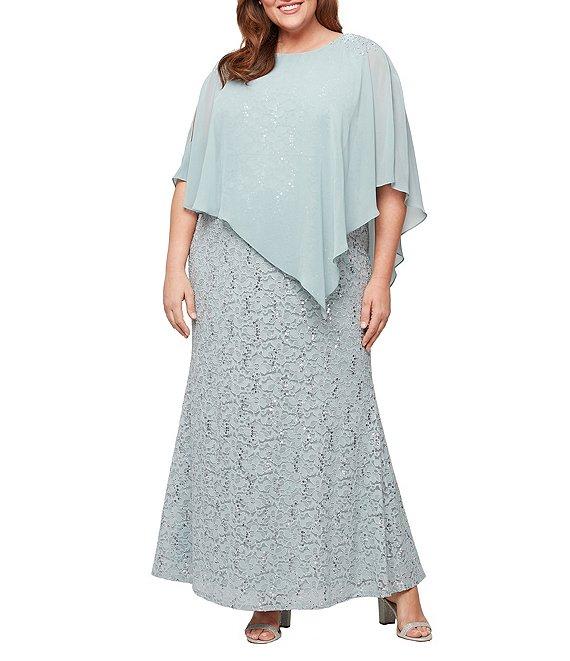 Ignite Evenings Plus Size Short Sleeve Round Neck Beaded Sequin Floral Lace Caplet Gown Product Image