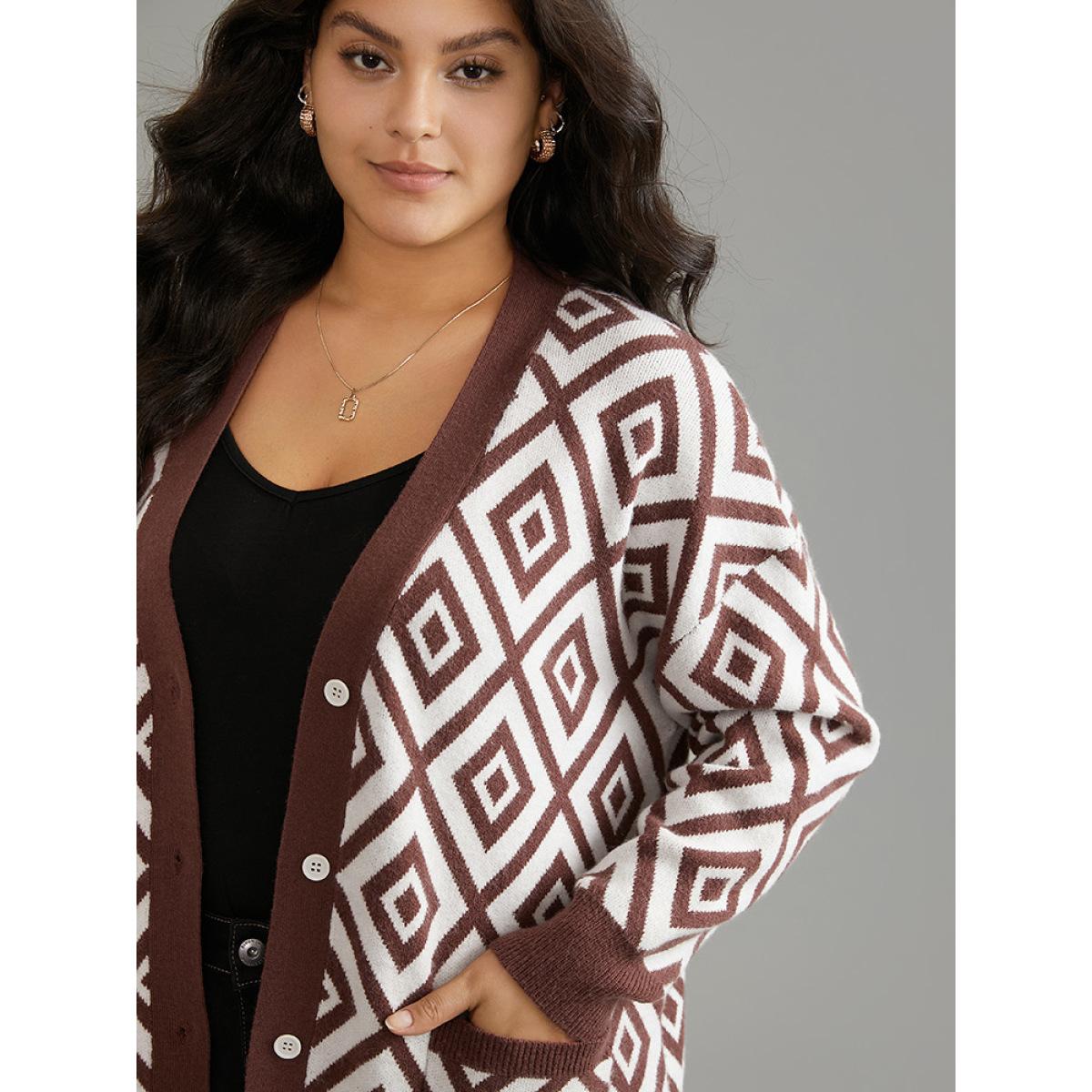 Plus Size Supersoft Essentials Geometric Button Through Cardigan Maroon Women Casual Loose Long Sleeve Dailywear Cardigans BloomChic 18-20/2X Product Image