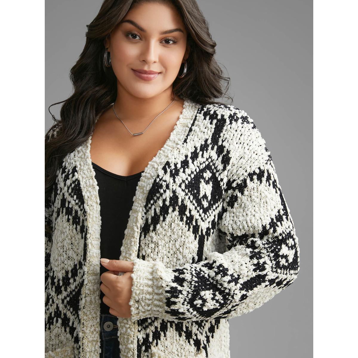 Plus Size Bandana Jacquard Patched Pocket Drop Shoulder Cardigan Black Women Casual Loose Long Sleeve Everyday Cardigans BloomChic 22-24/3X Product Image