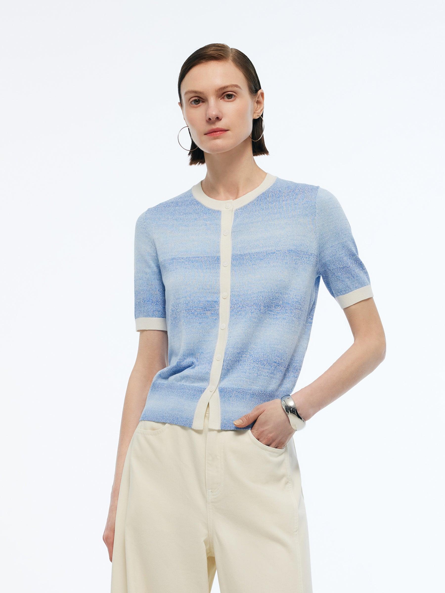 Blue And White Gradient Contrast Trim Women Cardigan Product Image