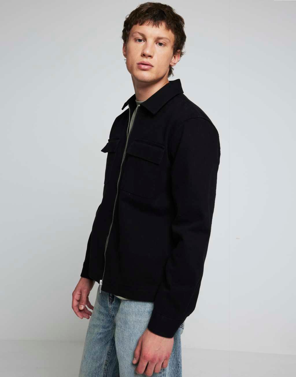River Island zip up twill overshirt in black Product Image