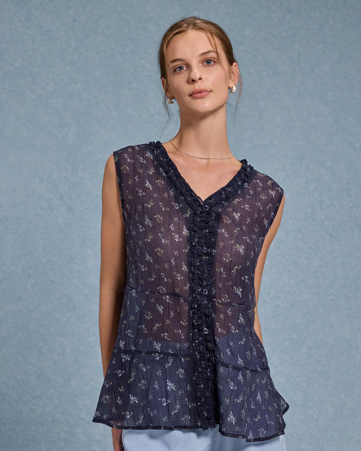 Blue Floral V Neck Button Tank Top Product Image