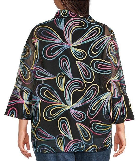 Ali Miles Plus Size Embroidered Paisley Print Knit Mesh Button Front Jacket Product Image