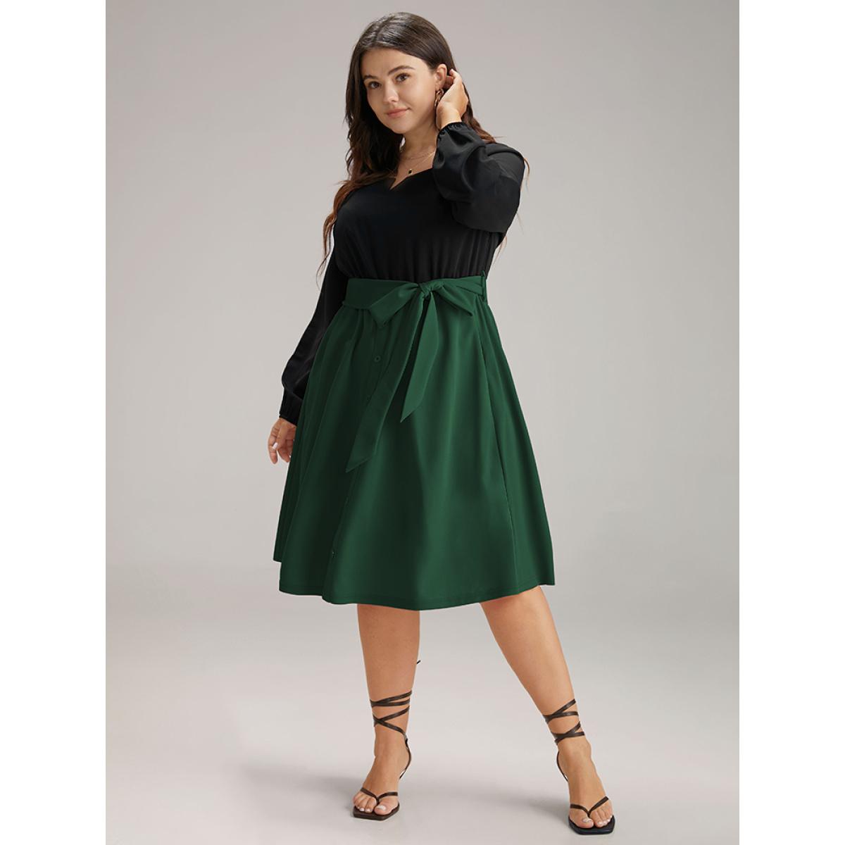 Plus Size Contrast Patchwork Button Detail Belted Dress DarkGreen Women At the Office Elastic cuffs Notched collar Long Sleeve Curvy Midi Dress BloomChic 28/5X Product Image