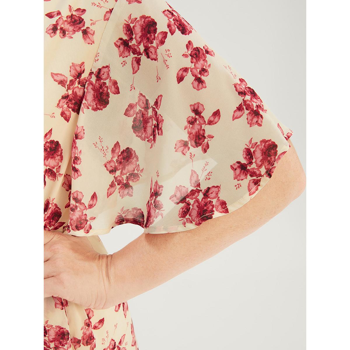 Plus Size Floral Print Pearl Beaded Pocket Belt Ruffle Hem Dress DustyPink Women Elegant Lined V-neck Short sleeve Curvy Midi Dress BloomChic 12/L Product Image