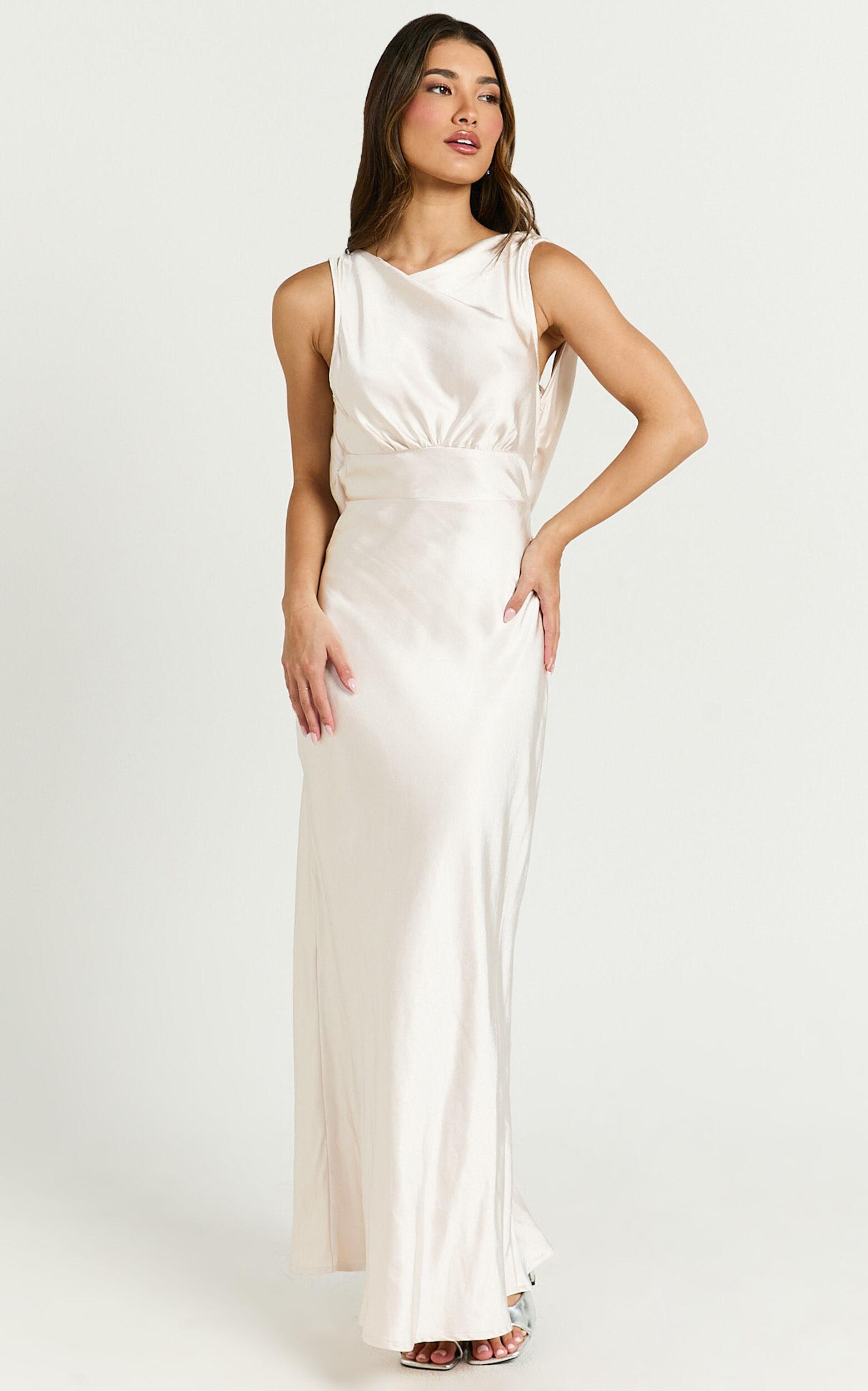 Fheliz Midi Dress - Satin Open Back Dress in Oyster Product Image
